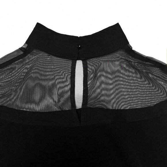 Black Casual Women's Stand Collar Sheer Yoke Short Sleeve Cape Blouse - Picture 7 of 7